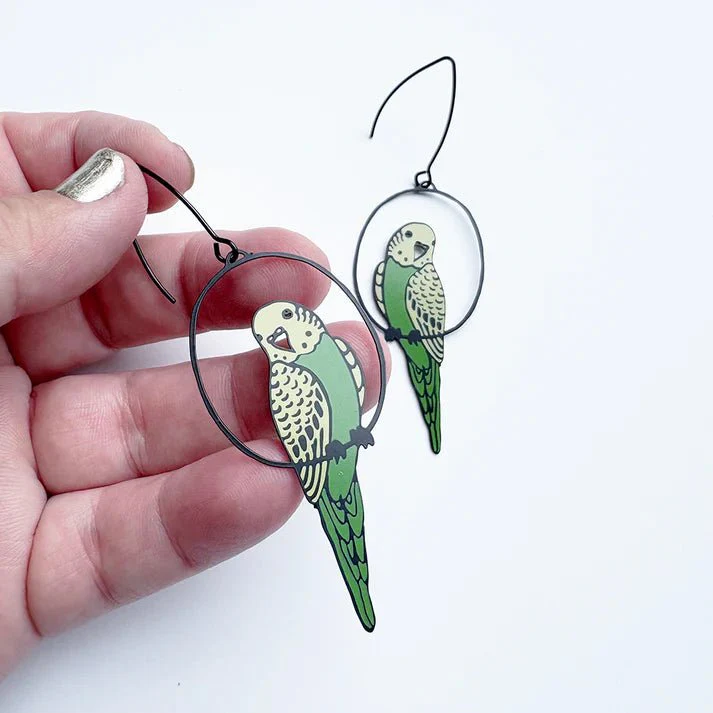 Denz + Co Budgie Earrings in Black/Green/Yellow - Image 3