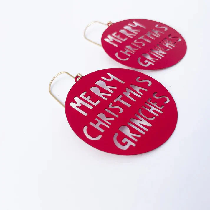 Denz + Co Merry Christmas Grinches earrings in Red - Image 2