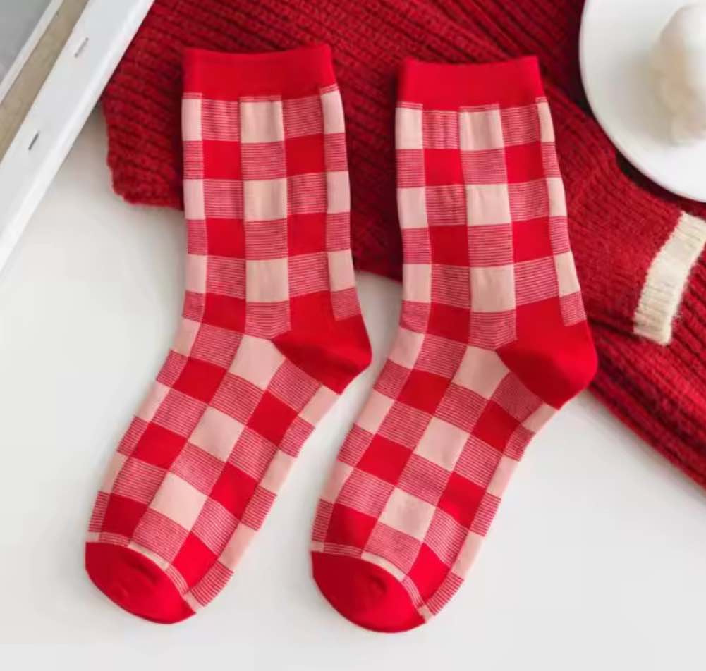 Retro Red Mid Crew Socks - Buffalo Plaid