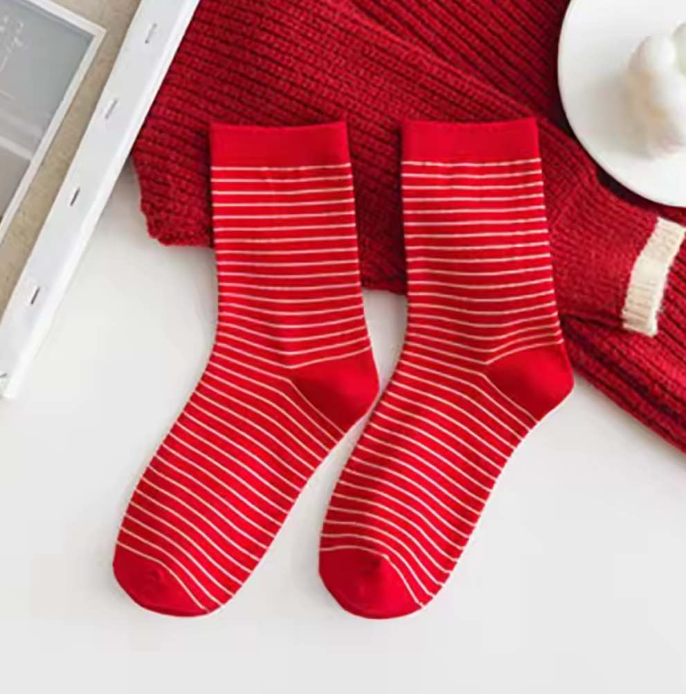 Retro Red Mid Crew Socks - Stripes